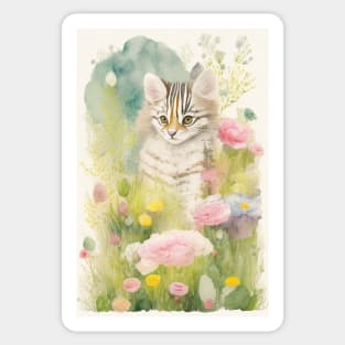 Watercolour painting of striped cat in th flower garden Sticker